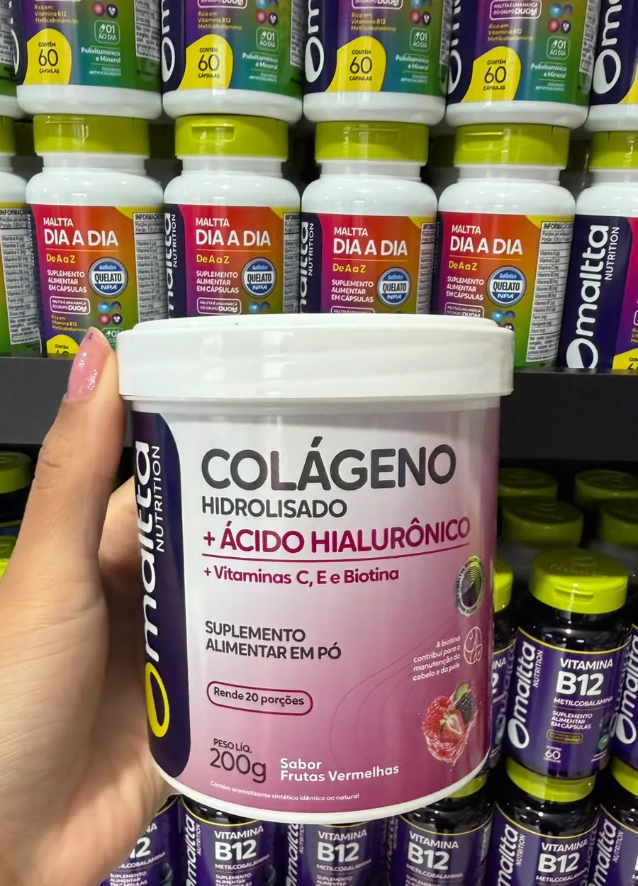 Pote de colágeno hidrolisado com ácido hialurônico da Maltta, em pó, sabor frutas vermelhas, 200 g