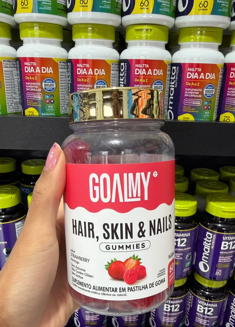 Frasco de Goalmy Hair, Skin & Nails em goma, sabor morango, com 60 gomas